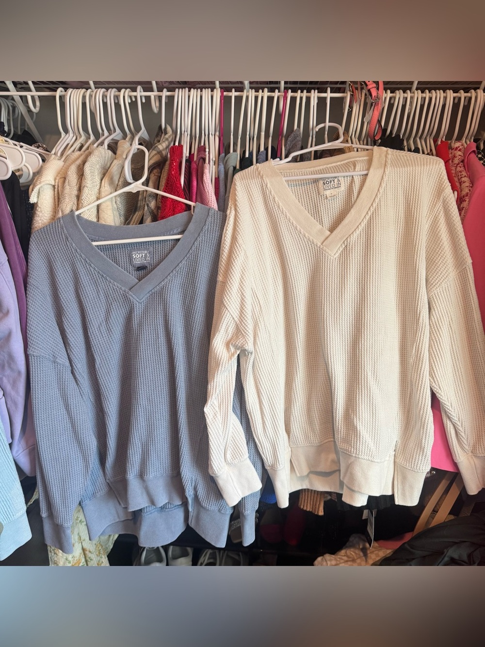 Pink Rose Women's Waffle V-Neck Sweaters - Blue & Cream